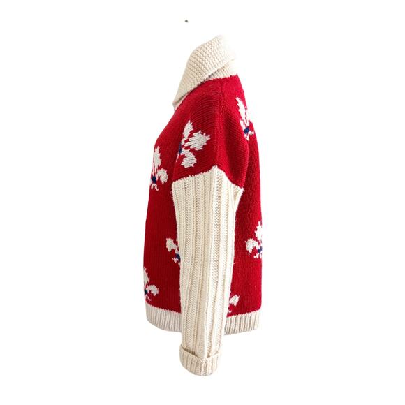 Vintage Red & Cream Wool Chunky Knit Fleur De Lis Sweater Women's Sz Large VGUC - Picture 3 of 5